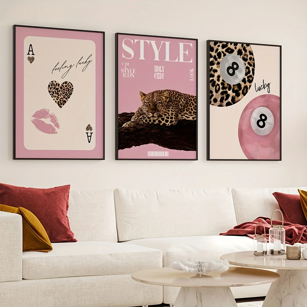 3pcs Unframed Pink Leopard Theme Print Poster Set Fashion 8 Ball Design Printed Painting Leopard Style Billiards Suitable for Li