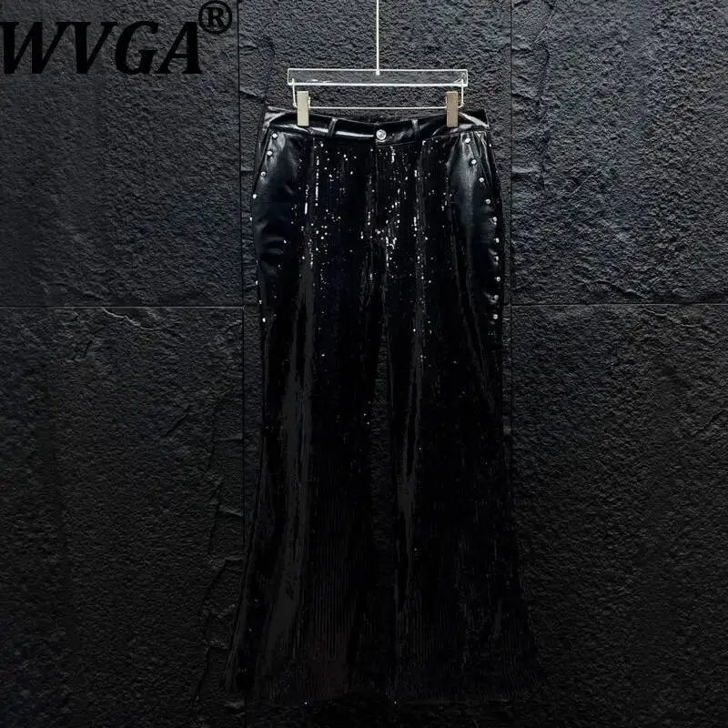 WVGA Spring Autumn New Men's Sequin Patchwork PU Leather Micro-flared Pants High-end Stylish Rivet Design Shiny Trousers W26212