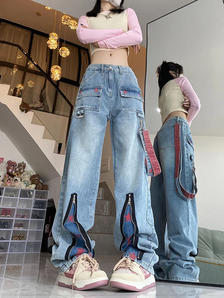 女性の秋のルーズジッパースプリットデザインプリントストレートワイドレッグパンツファッション多用途ハイストリートヴィンテージデニムパンツ