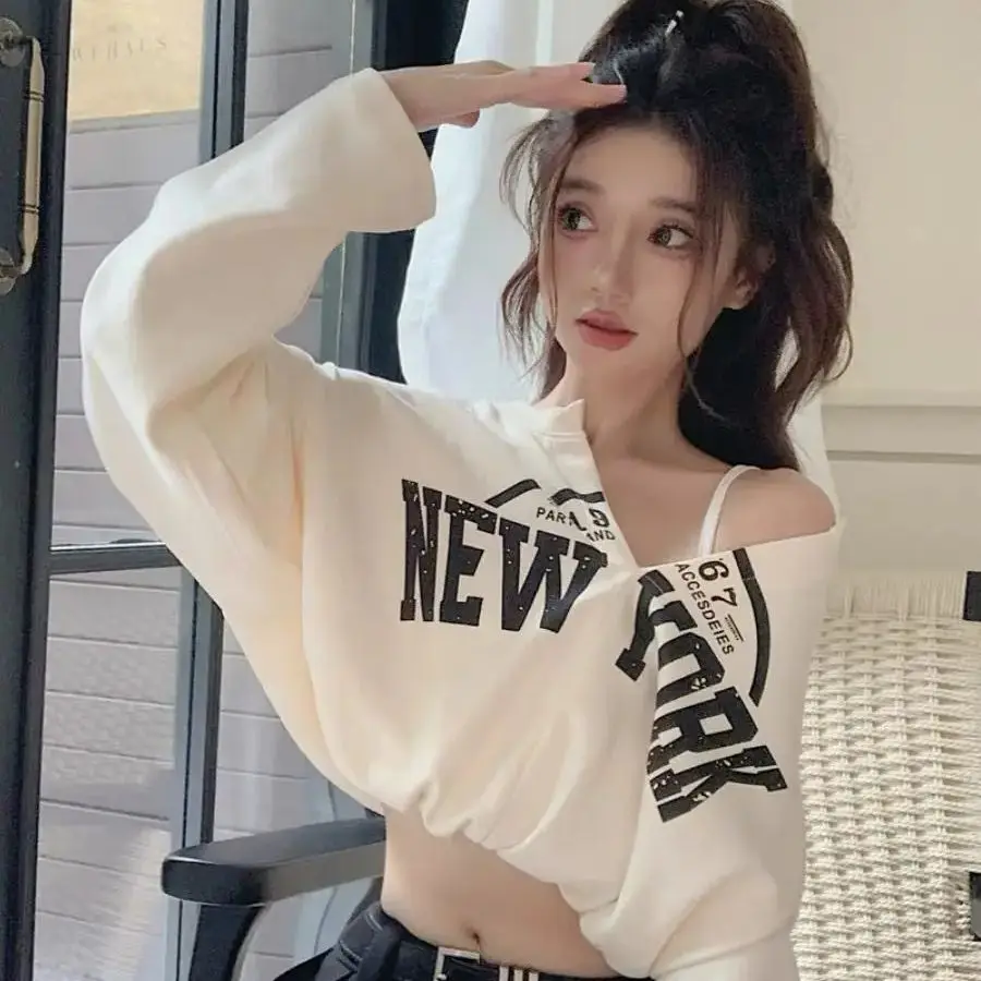 Fake Two-Piece V-Neck Pullover Sweatshirt Printed Short Dance High-Waist Navel Exposed Loose Niche Design Long-Sleeved Top