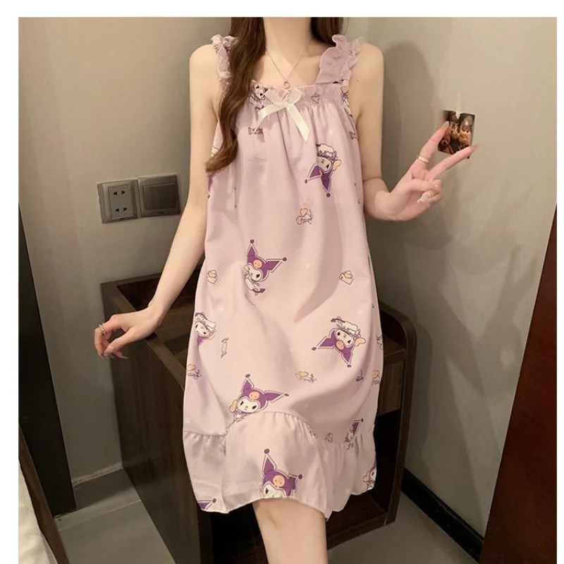 

Sanrio Kuromi Cute Pajamas Dress Summer Sleep Dress Long Dresses Night Skirt Student Sleeping Skirt Halter Night Dress Home Suit
