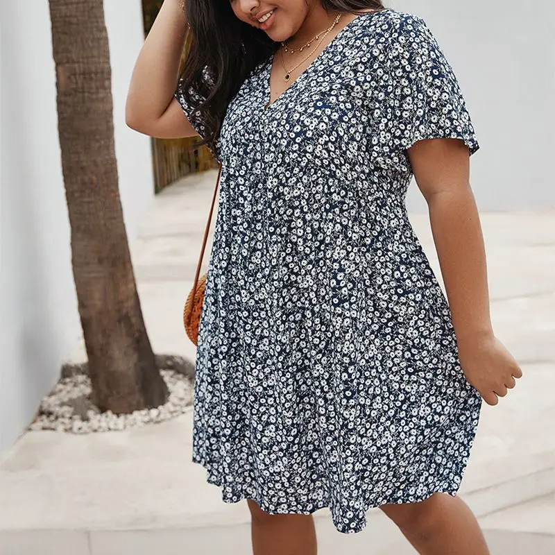 여름 코튼 뉴 플러스 사이즈 캐주얼 드레스 패션 숙녀 섹시한 v 넥 꽃 짧은 소매 드레스