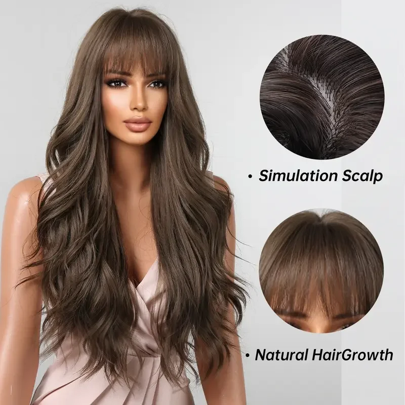 Brown Wavy Wigs for Women with Bangs Long Natural Synthetic Hair Wig Daily Cosplay Heat Resistant image 2