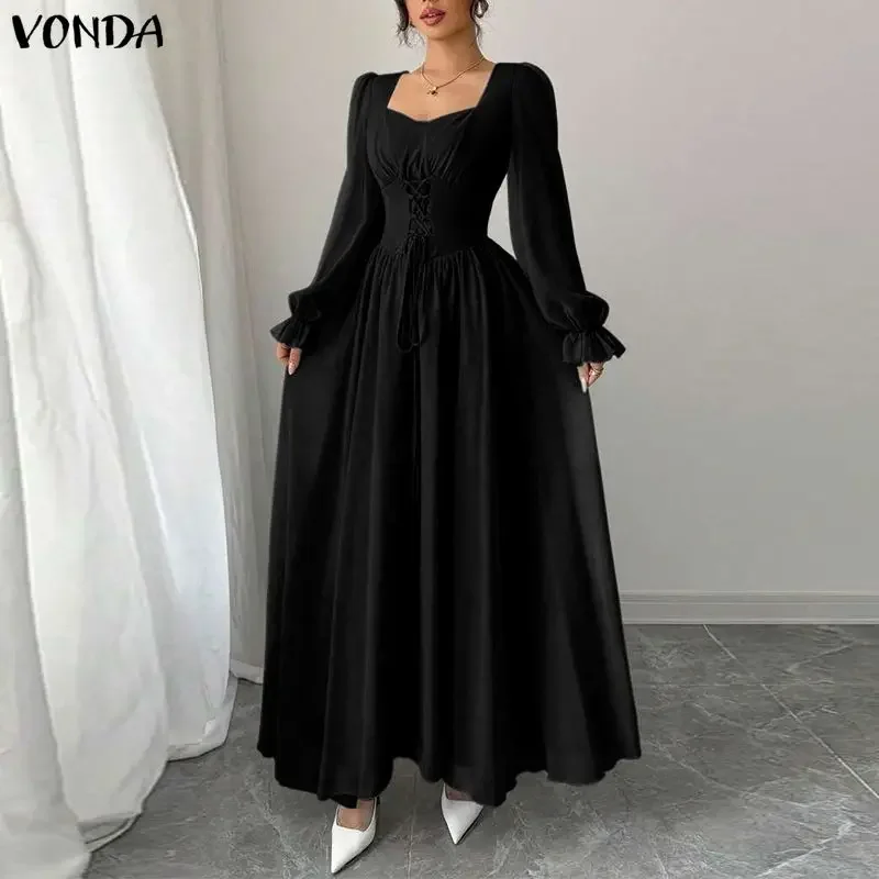 

VONDA Evening Party Dresses Women Sexy Square Collar Bandage Waist Solid Maxi Vestidos Long Sleeve Elegant Robe Plus Size 5XL