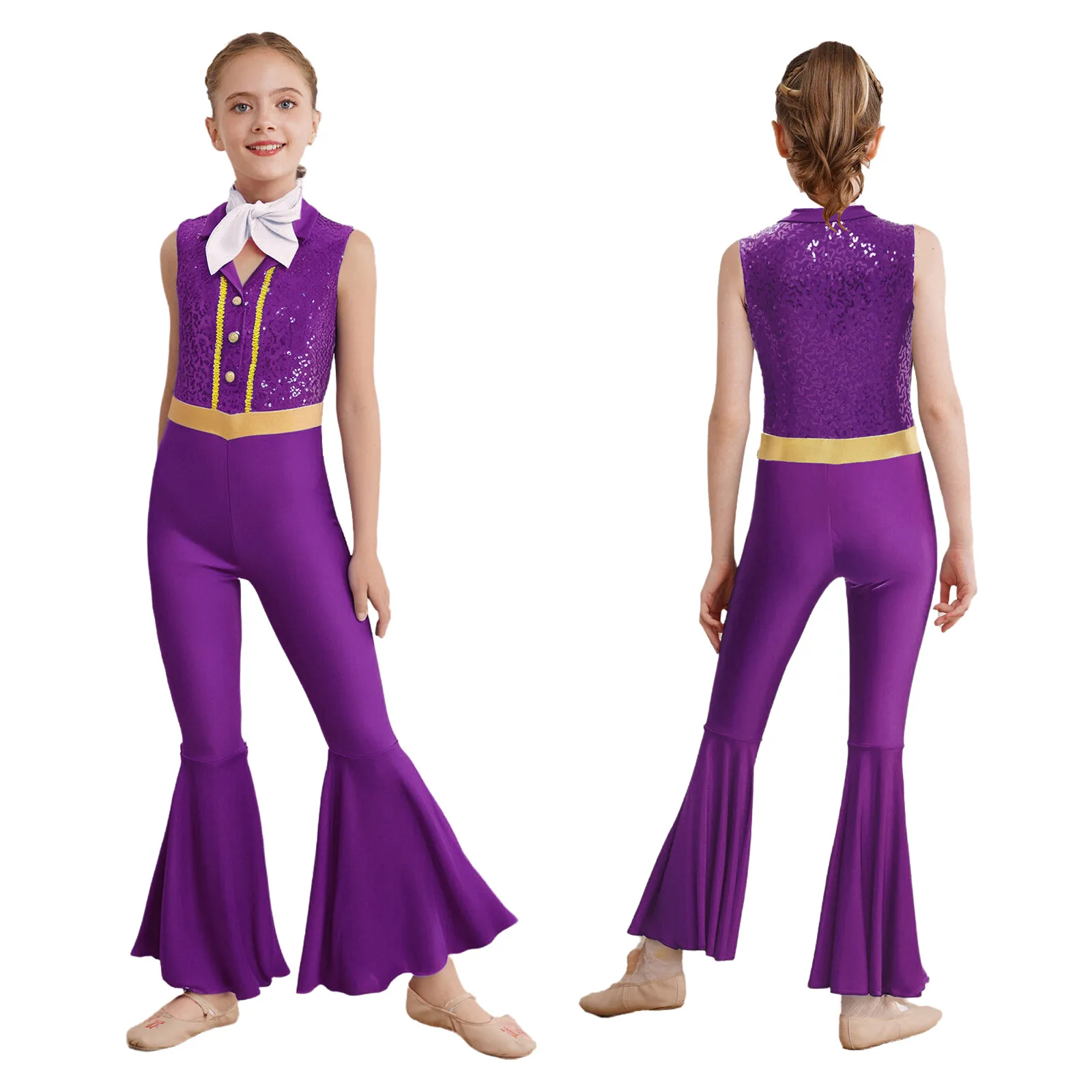 

Kids Girls Sequins Jazz Waltz Disco Ballroom Dance Jumpsuit Full Body Leotard with Scarf for Tap Jazz Stage Performance Rompers