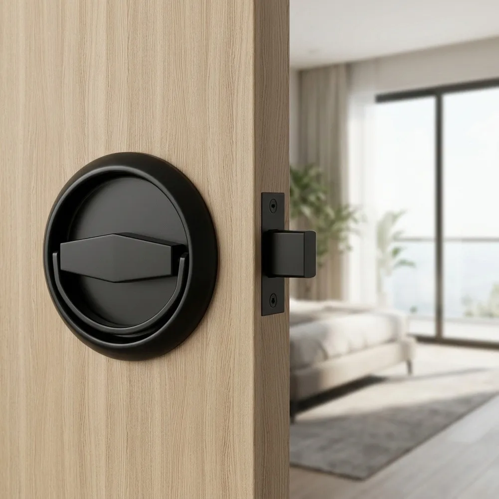 Pocket Door for Lock Kit with 2 Black Flush Handles 1 Privacy Lock Body 1 Strike Plate and Full Hardware Set for DIY Setup