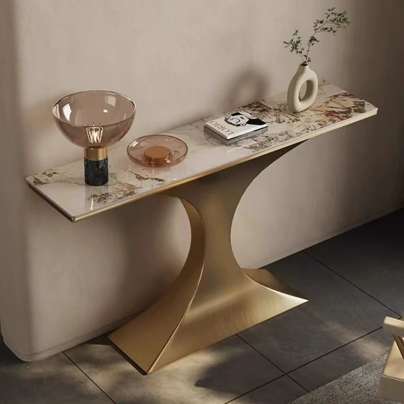 

Simple modern stainless steel champagne gold brushed rock slab entrance table light luxury entrance cabinet entrance