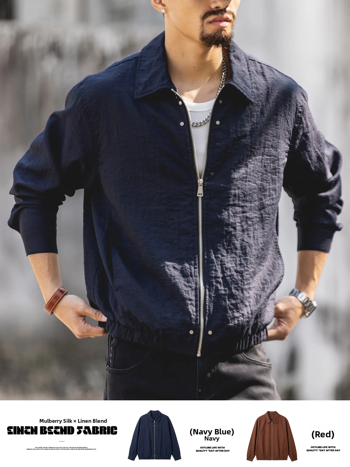 Silk Linen Blend Men's Spring New Style Thin Zipper Collar  Jacket Casual Loose Fit Anti-Wrinkle Processed Outerwear