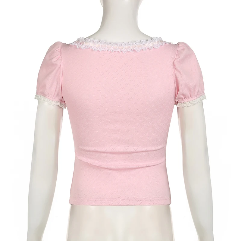 Darlingaga Korean Pink Cute Coquette Sweet Summer T-shirts Women Bow Lace Patched Slim Cropped Top Girls Cutecore Tees Clothing