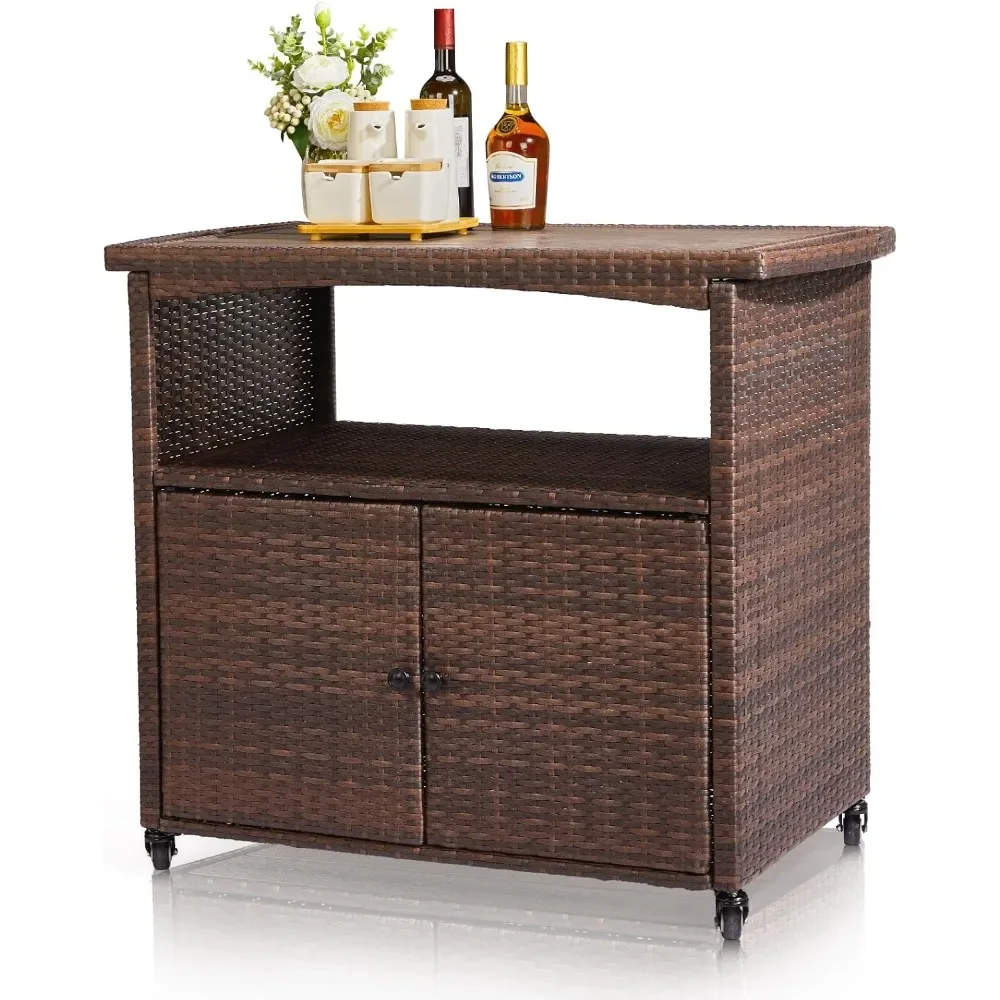 

Wicker Outdoor Bar Cart with Storage & Rolling Wheels, Patio Bar Table w/Shelf, Outdoor Storage Cabinet Buffet Cabinet Grill
