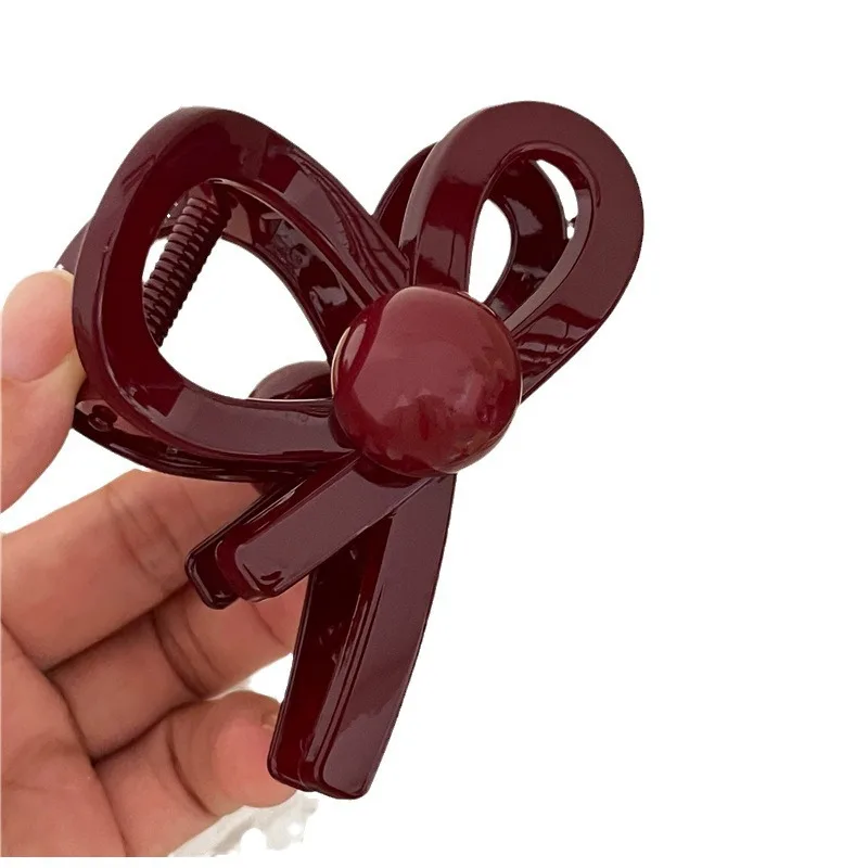 New for autumn and winter burgundy plastic cross bow disc hair grab clip cute red round ball hairpin hair grab.