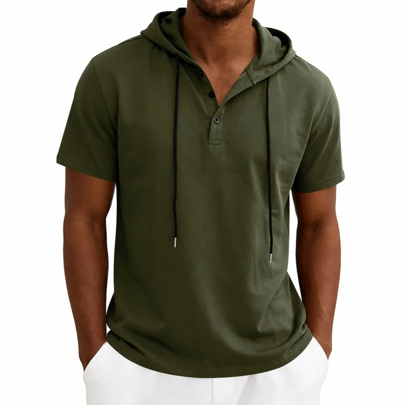 Summer Men's Short Sleeve Hooded T-Shirt Chic Drawstring Trend Casual Loose Breathable Sports Tees Man Solid Fitness Tshirt Tops