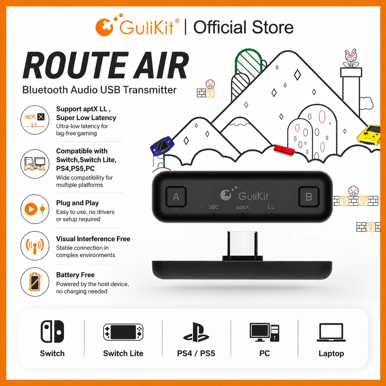 GuliKit NS07 Route Air adaptador de Audio inalámbrico Bluetooth NS07 Pro transmisor tipo C para Nintendo Switch NS OLED PS4 PS5 PC