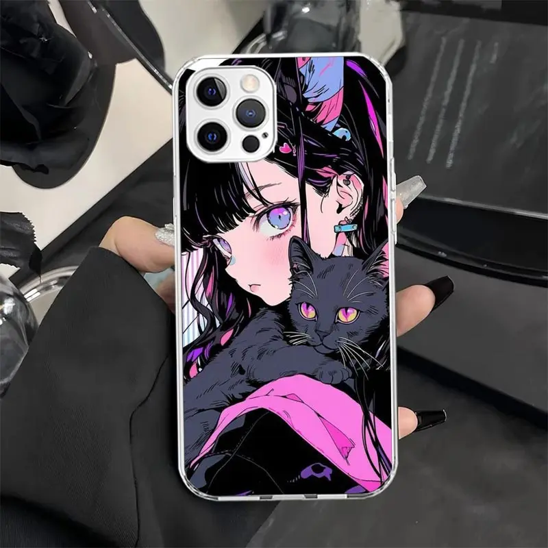 Anime Girls Cute Black Cat Phone Case Cover for iPhone 16 15 14 Plus 13 12 Mini 11 Pro Max X XS XR 7 8 + SE Apple Soft Shockproo