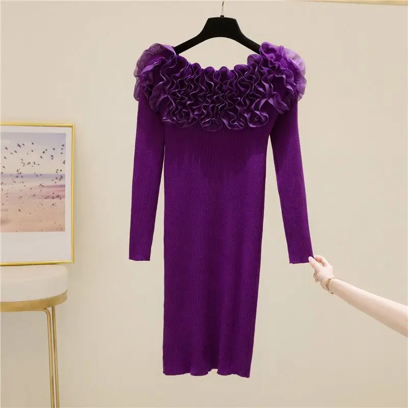 

Three-dimensional Lace One-word Neck Bottoming Sweater Women's Autumn New Slim-fit Versatile Long-sleeved MD-LONG Knitted Top