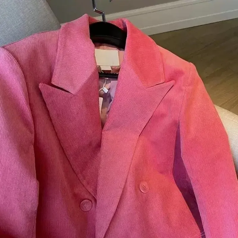 Insozkdg 2024 autunno inverno New Pink velluto a coste maniche lunghe giacca da donna Chic Design Sense High-End Blazer vendita calda Lady Top