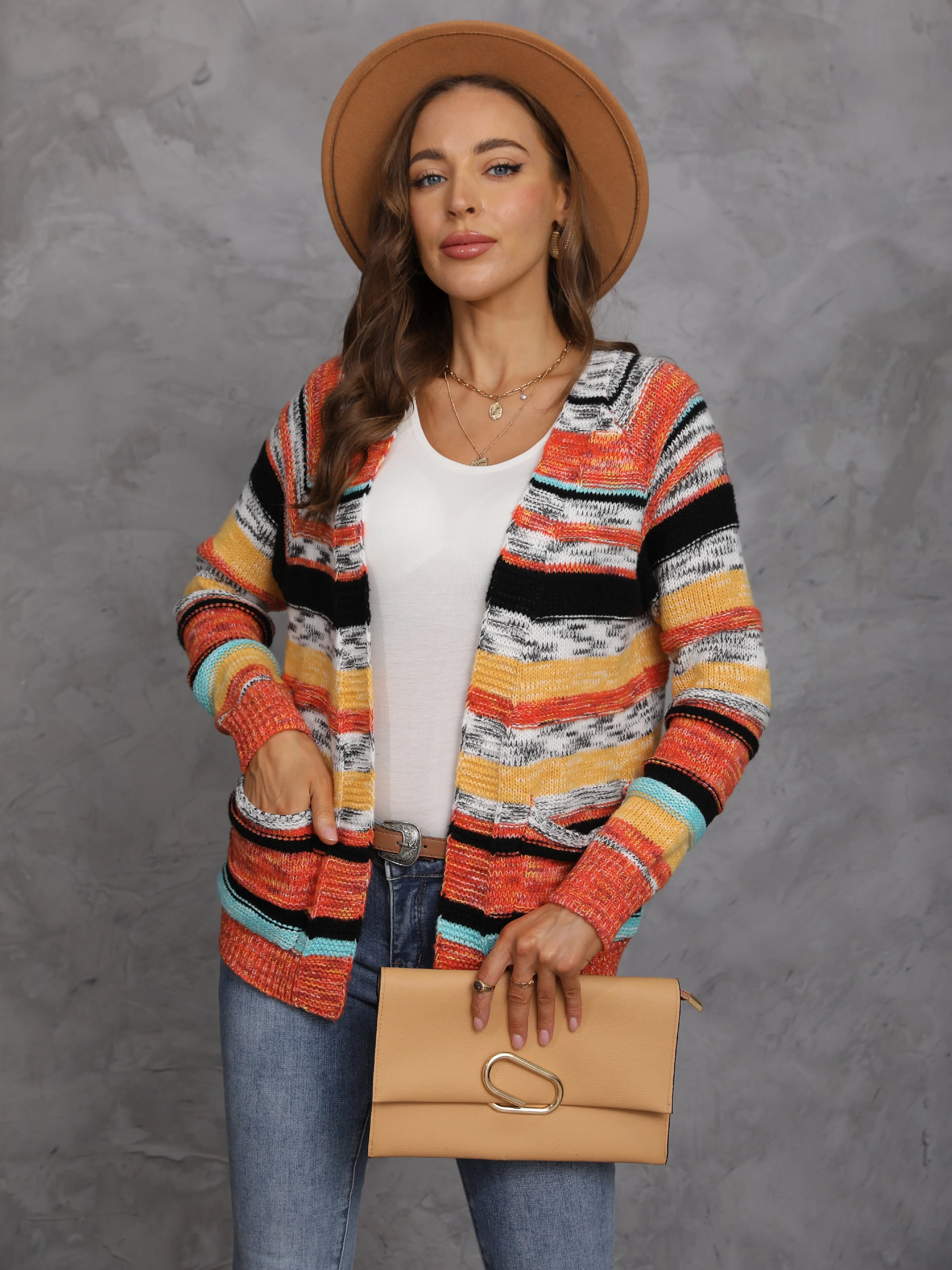 Women\'s Rainbow Stripes Sweater Knitted Cardigan Korean Casual Coat 2024 Spring Autumn Long Sleeve Jacket Shawl Ladies Tops