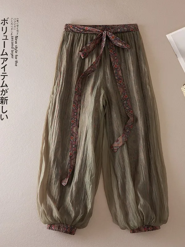 

Ethnic Print Belted Thin Pleated Lantern Pants Large Size Women's Loose Waist Casual Thin Nine Points Pants