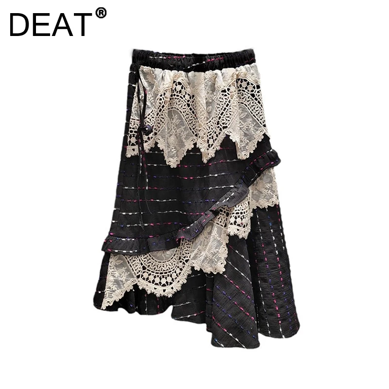 

DEAT Women Skirt Patchwork Lace Multilayer Jacquard Vintage Long Texture Striped Irregular Skirt Autumn 2024 New Fashion 29L8795