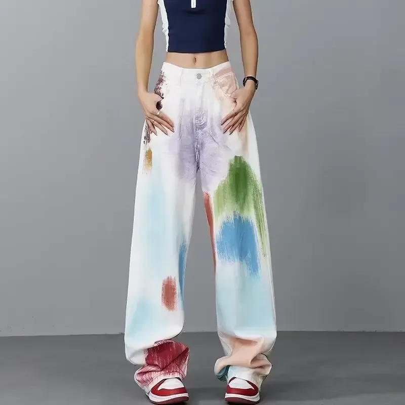 

Harajuku High Waist Spring Summer Vintage Loose Tie Dye Jeans Pants Women's Wide Leg Baggy Full Length Denim Trouser