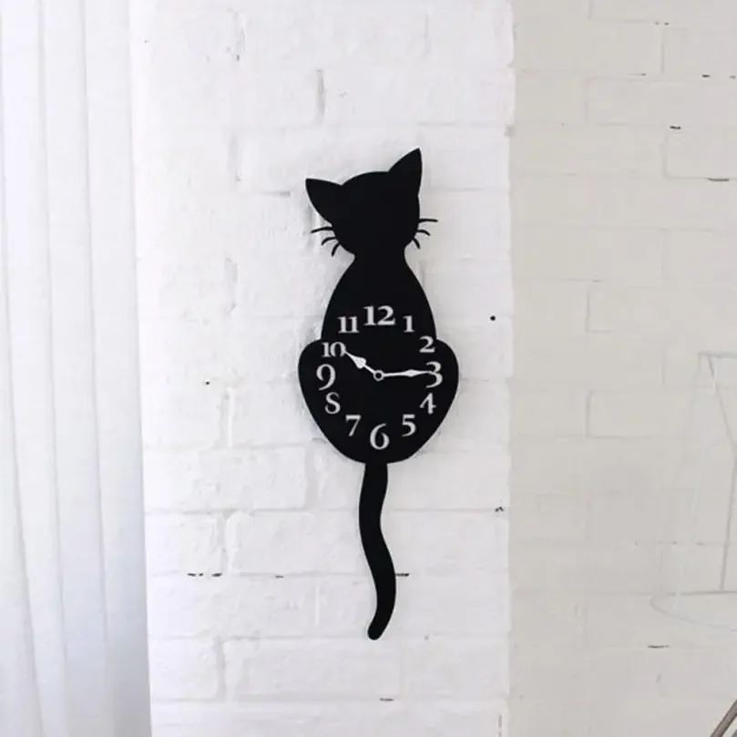 Mordern DIY 3D Cartoon Cute Cat Dog Wall Clock Home Decor Watch Way Tail Move Silence Clocks Children Room Home Decor Black