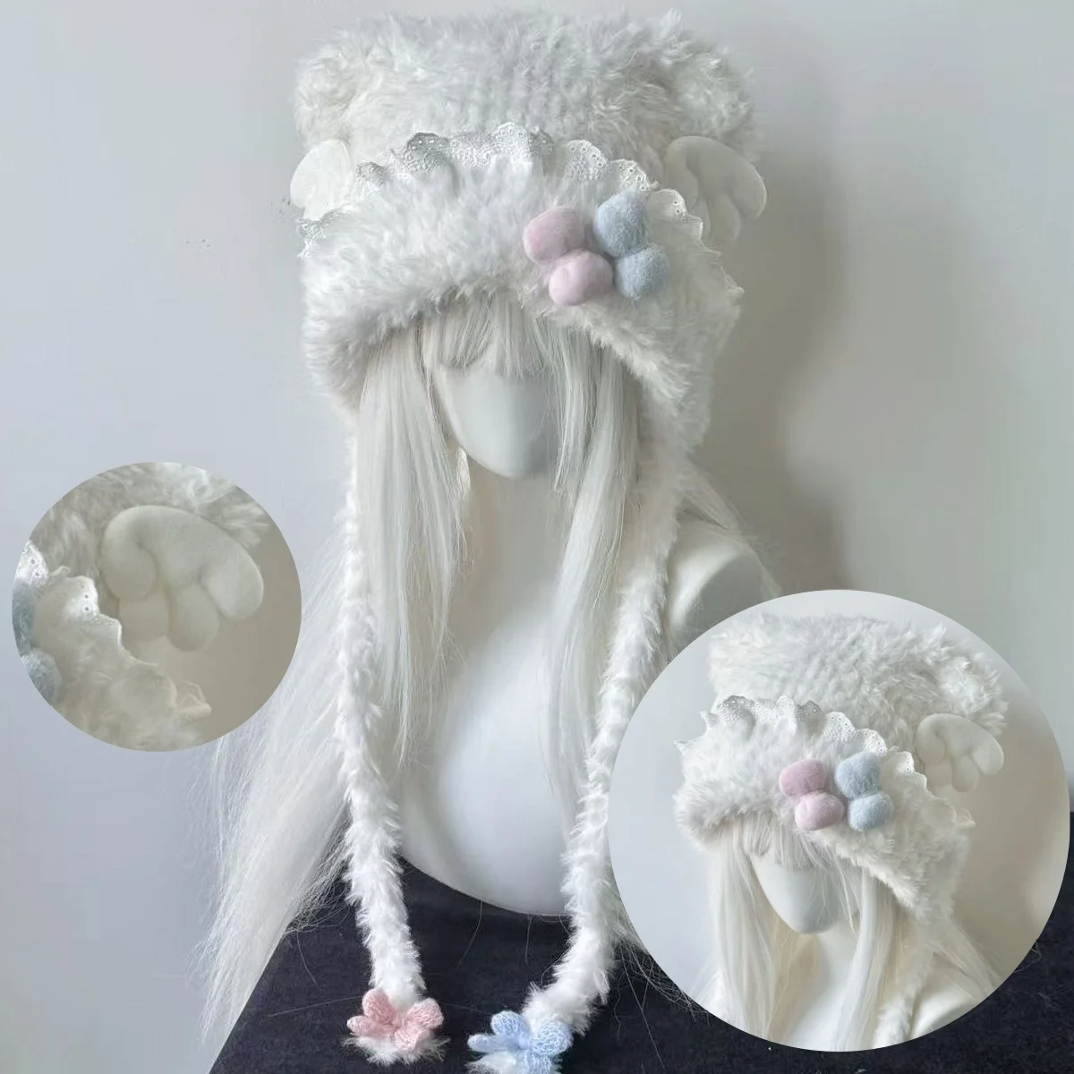 Women Handmade Blue and Pink Fuzzy Cat Ears Hat Lace Candy Bow Hat Y2K Warming Wings Earmuffs KC Girl Heart Versatile Fluffy Hat