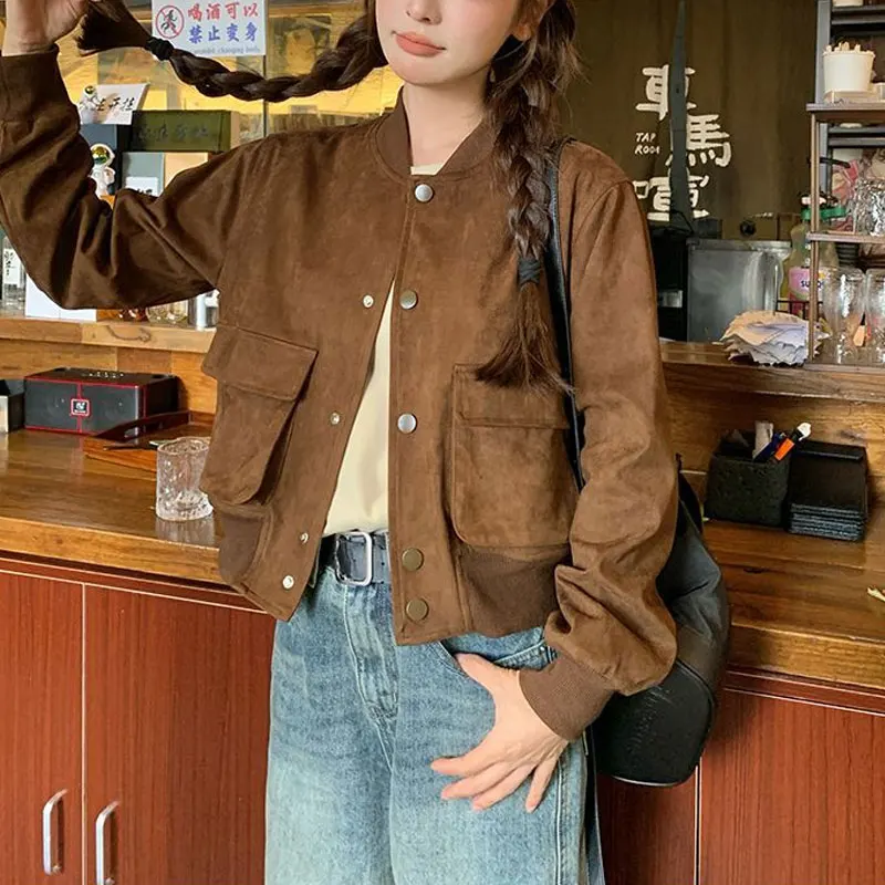 

Female Clothing Maillard Retro Coats Imitation Suede Autumn Winter Baseball Collar American Loose Single-breasted Short Jackets
