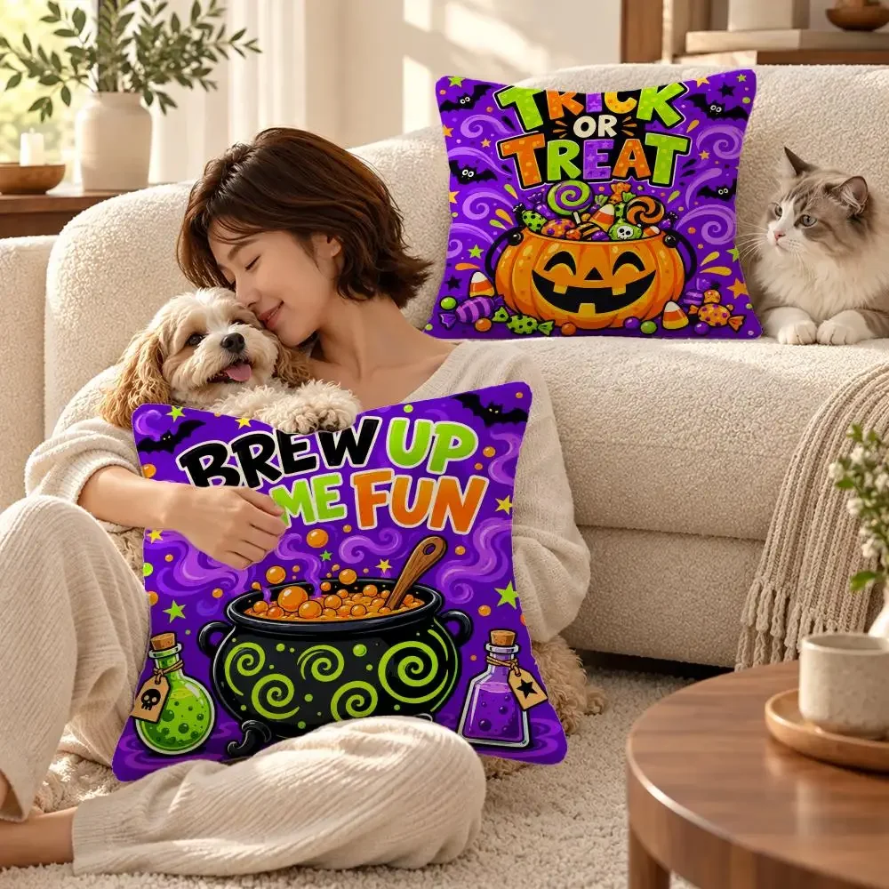 Spooky Art Halloween Colorful Witch Ghost Cushion Cover Short Plush Cushion Cover Pillowcase Home Decor for Sofa Bedroom