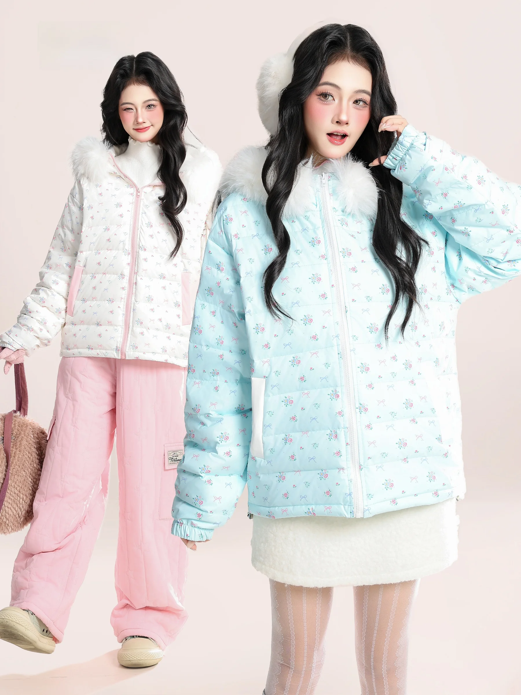 

HM Sweet Floral 50 White Du down Женская зимняя теплая верхняя одежда с отстегивающимся меховым воротником и капюшоном, в рубчик, повседневная, свободного кроя, полиэстер...