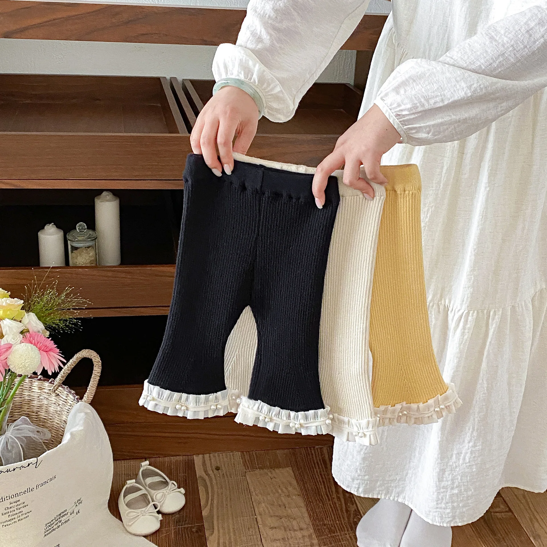 2026 Autumn Baby Trousers Girls' Knitted Flared Pants with Ruffled Trim Soft Comfortable 6M-4T Kids Bell Bottoms Pants Leggings