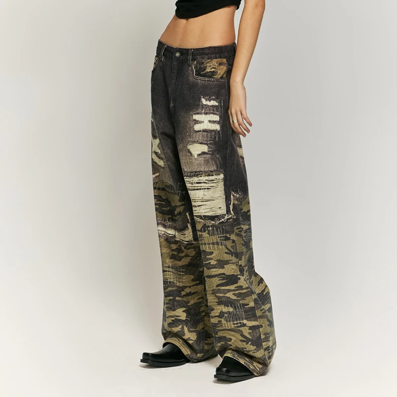 American Style Retro Washed Camouflage Stitching Ripped Jeans Men & Women Trendy Hip-Hop Street Loose Wide Leg Mop Pants