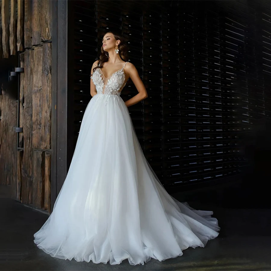 

Customized A-Line V-Neck Sleeveless Lace Appliques Tull Wedding Dress Backless Zipper Bridal Dress vestidos de novia