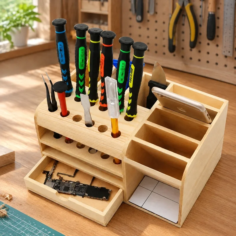 Multi-Compartment Wooden Tray for Mobile Repair Accessories Including Screwdrivers, Pliers, and Tweezers