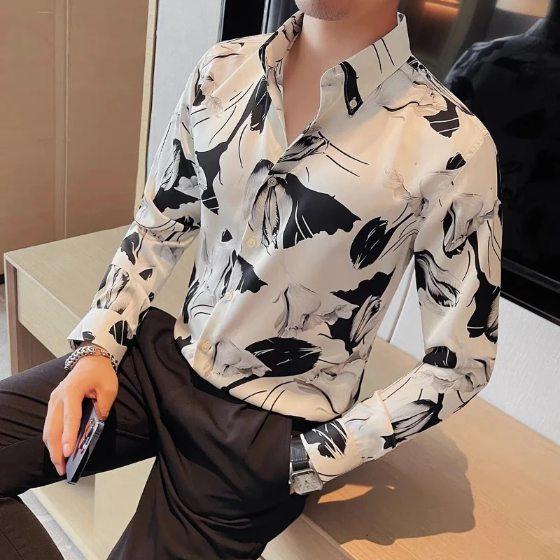 Flower Shirt New Long Sleeved Slim Fit Trendy Hanging Print Personalized Casual Shirt