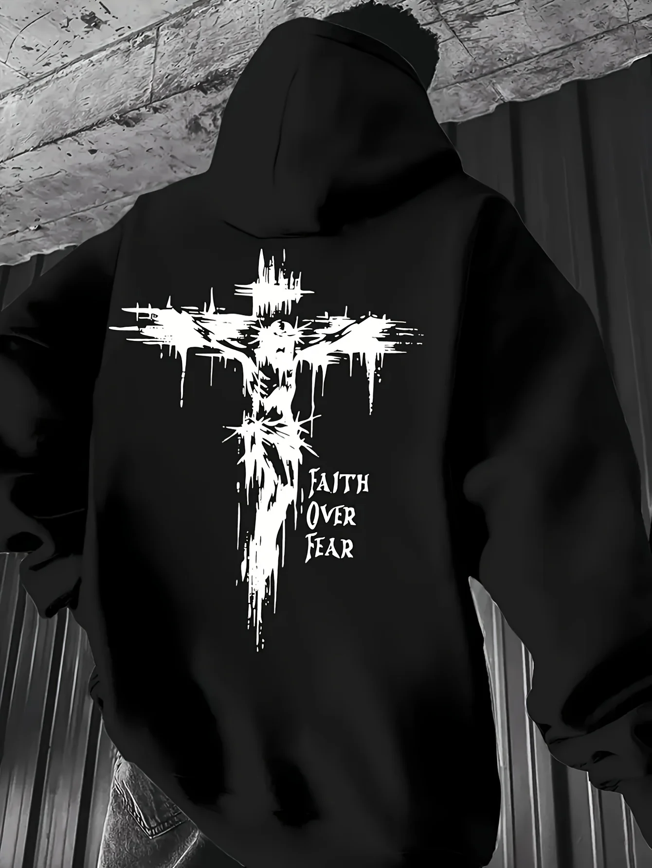 Men's Casual Retro Street Style Loose Hooded Sweatshirt, 270g Breathable and Sweat-Absorbent Fabric, Faith over Fear Graphic, Crew Neck, Regular Fit, Machine Washable, Sizes S to Xxxl, Black, Casual Wear