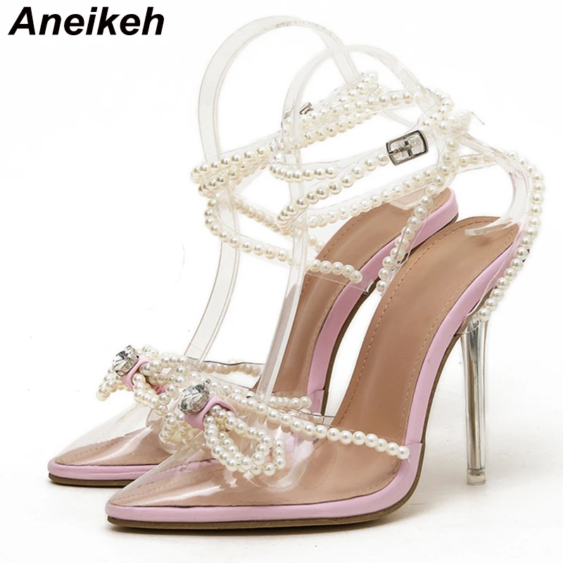 Aneikeh farfalla nodo perline tacchi alti donne pompe cristallo Bling PVC punta a punta signore fibbia cinghie Sexy perla calzature scarpa