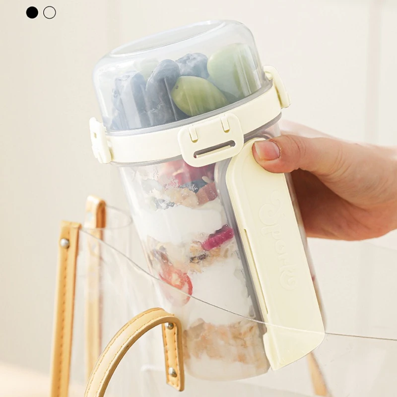 Two-layers Breakfast Fruit Oat Yogurt Salad Cup with Fork and Spoon Overnight Food Storage Bento Box Snacks Light Meal Cup