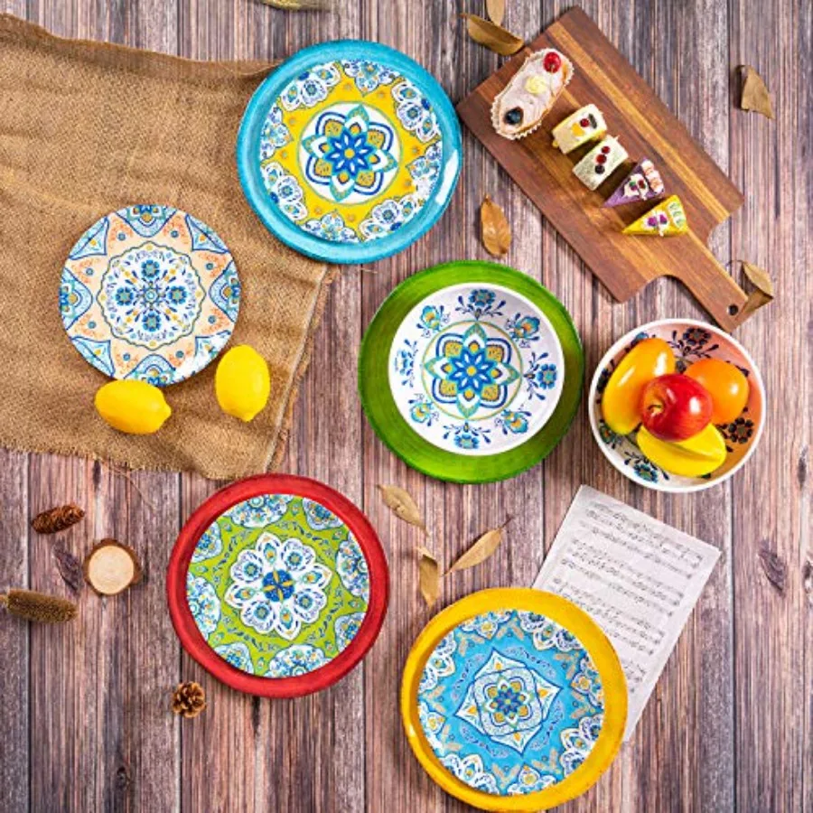 Melamine Dinnerware Set 12 Pcs Durable Dishware Colorful Plate Bowl Set Dishwasher Safe Shatter Proof Chip Resistant Not Microw
