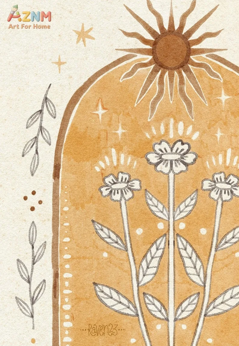 AZNM Boho Sun Floral Arch Canvas Print Vintage Yellow Watercolor Wildflower Star Minimalist Neutral Wall Poster Unframed Bedroom view 5