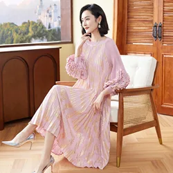 Miyake Pleated Dress Women's Round Neck Lantern Sleeves Fashionable Bronzing Elegant Mid-length A-line Skirt 2024 Spring