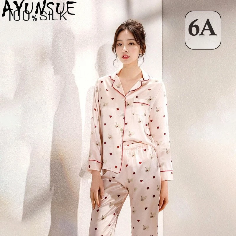 

AYUNSUE Natural Mulberry Silk Sleepwear Women 16MM 100% Real Silk Spring Summer Clothes Pajama Set Long Sleeve Top Pants Print