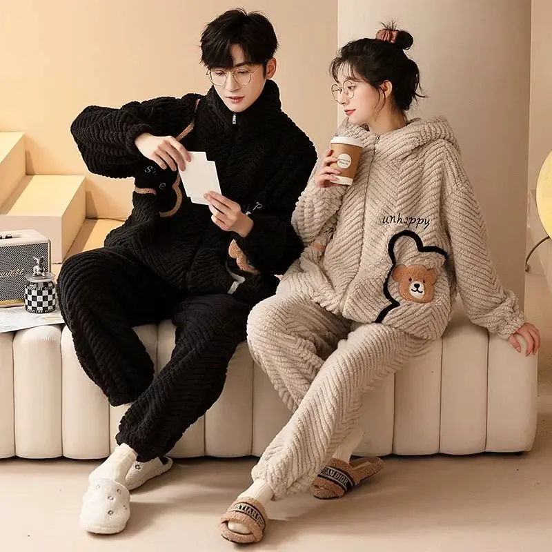 Autumn Winter Long Sleeve Thicked Warm Flannel Pajama Sets for Men Cozy Coral Velvet Sleepwear Couple Man Lounge Homewear Suit