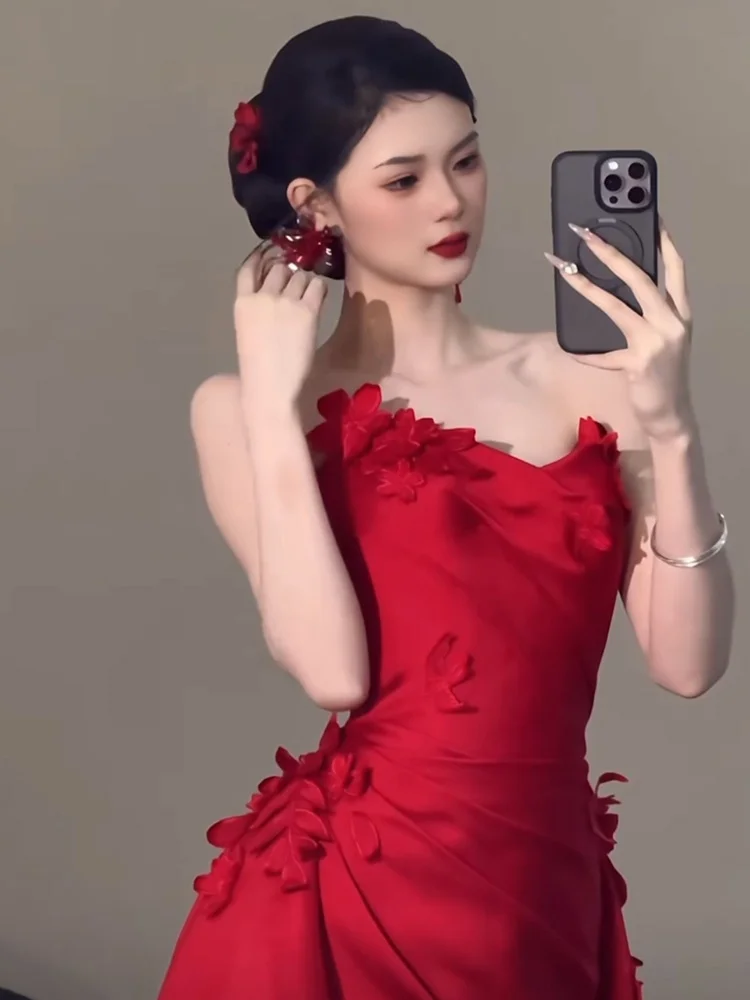 

New Chinese Sle Wedding Dr Red Engagement Evening Gown Women's High-End Luxury Long Skirt Ele Draped Tail Evening Wear