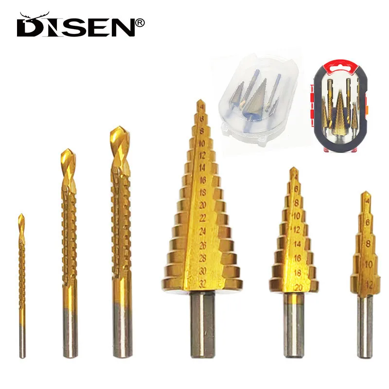 

1Set Titanium Coated Step Drill Bit Drilling Power Tools Metal High Speed Steel Wood Hole Cutter Cone Drill 4-12 4-20 4-32