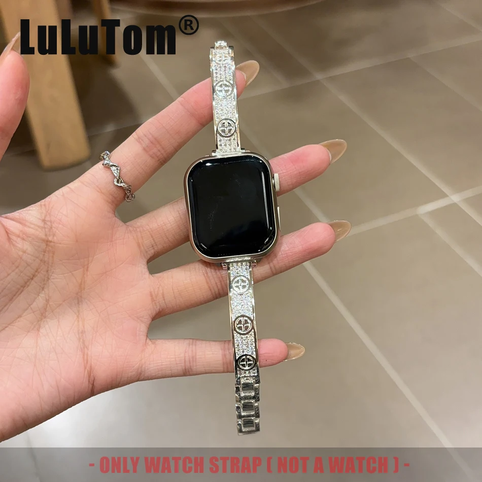 

Тонкий ремешок с бриллиантами для Apple Watch Series 10 9 8 7 6 SE 5 4 3 Ultra, женский роскошный ремешок iwatch 46 42 38 40 41 44 45 49 мм Браслет