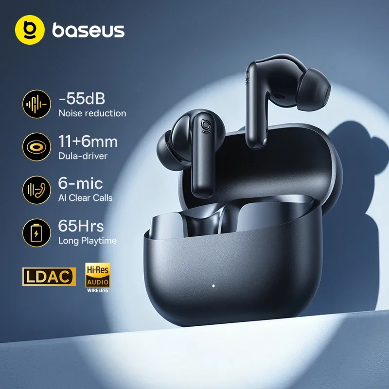 Baseus Bass EP10 ウルトラワイヤレスイヤホン -55dBノイズキャンセリング 65時間長時間再生 Bluetooth 6.0イヤホン 6マイクAI通話クリア