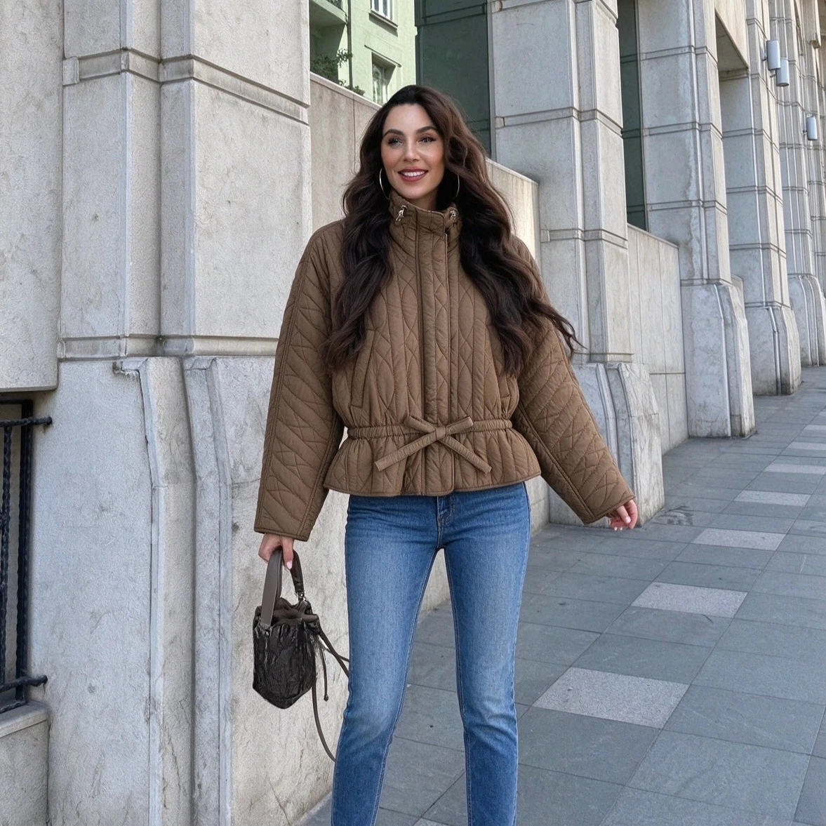 Suninheart Slim Fit Quilted Cotton Jacket for Women High Collar Warm Padded Coat for Autumn & Winter Women Outwear with Belt