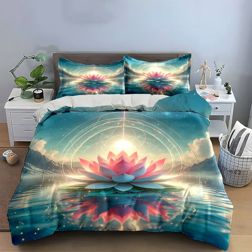 Lotus Flower Spiritual Decor Set Bedding Set with 1 Duvet Cover 2 Pillowcases Single Double King Queen, Gift