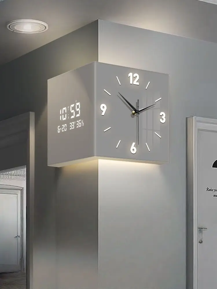 White Simple Corner Wall Clock Double Sided Electronic Perpetual Calendar Creative Corner Hanging Watch Living Room Decor LED