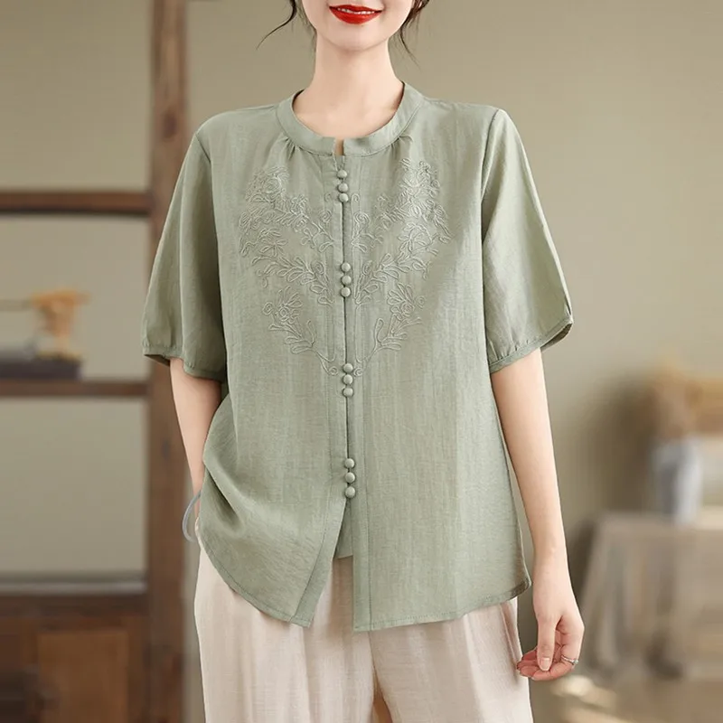 Women Summer Casual Shirt New Arrival 2024 Chinese Style Vintage Embroidery Loose Female Short Sleeve Tops Shirts B3872